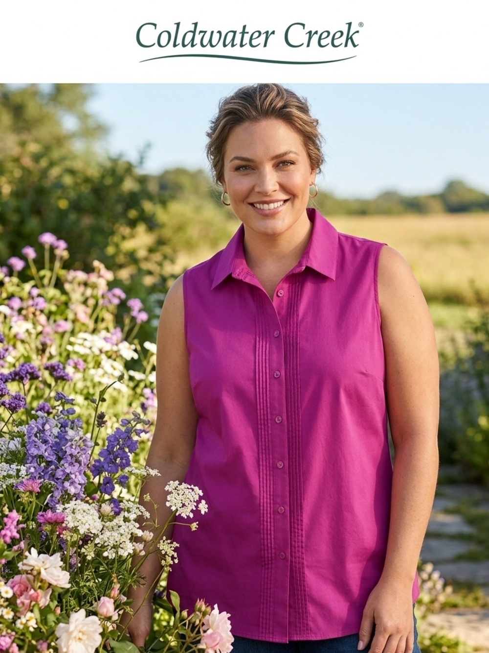 Coldwater Creek Sleeveless Button-Down Top in Magenta